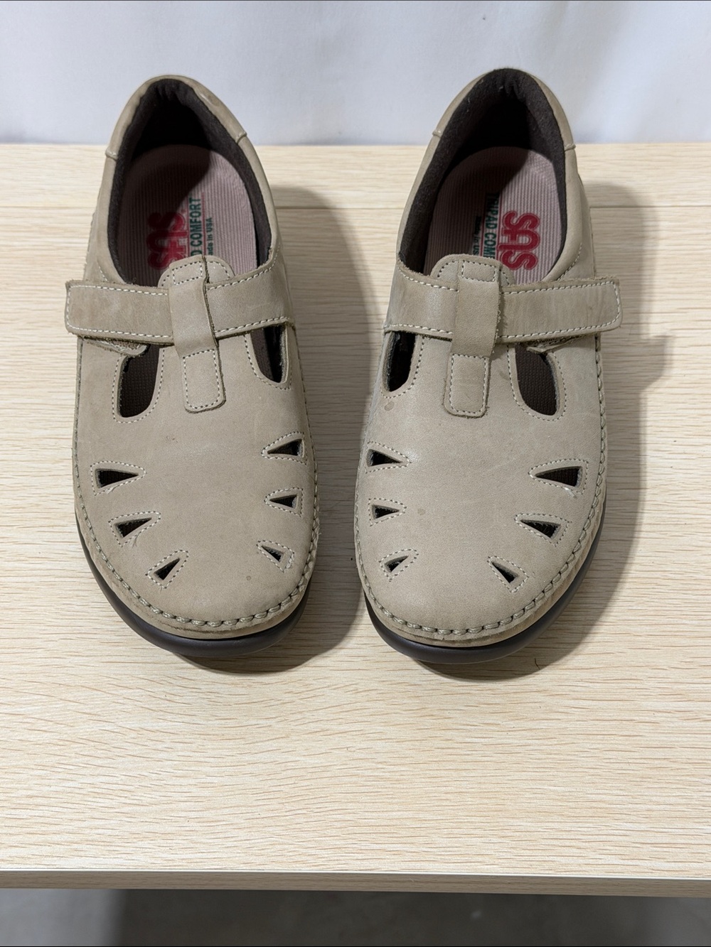 SAS Taupe Mary Jane Sandal with Hook-and-Loop Strap
